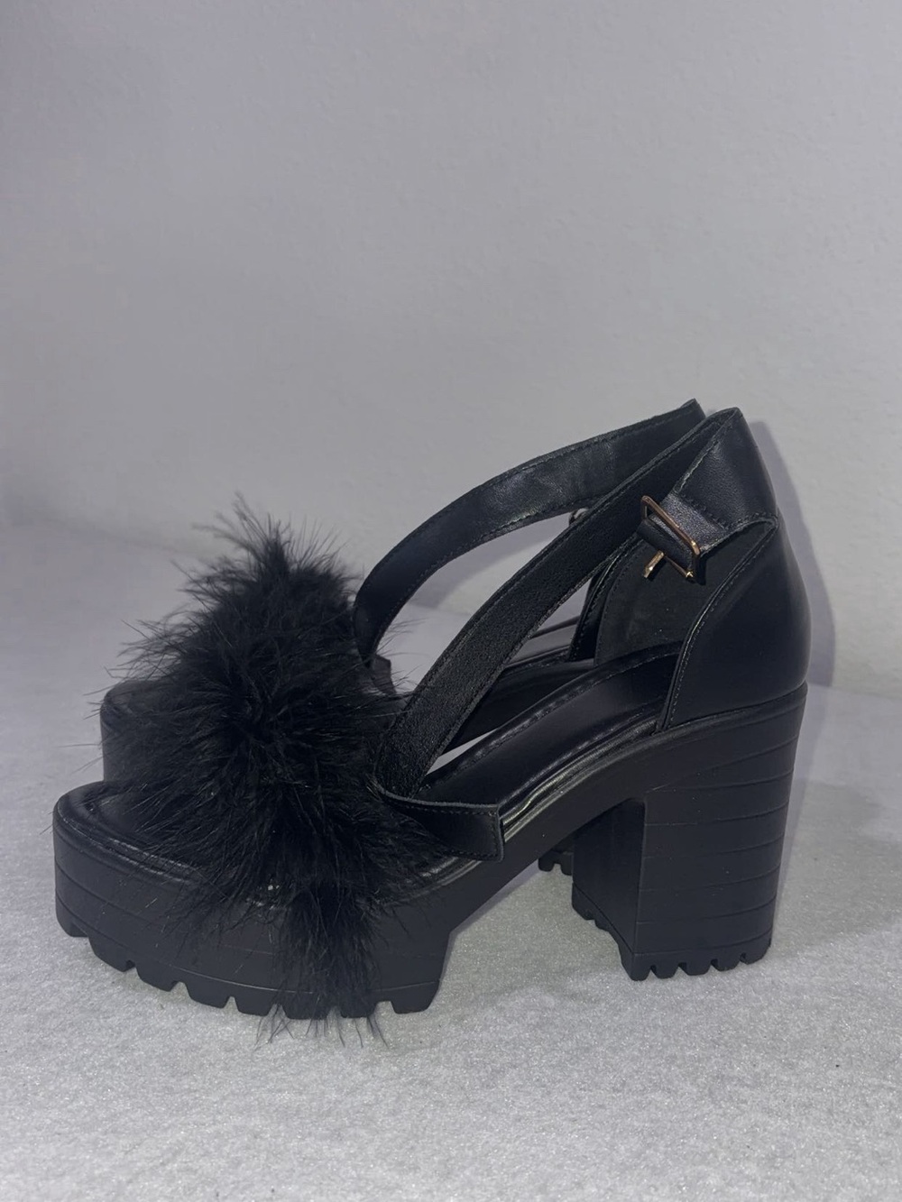 SHEIN Black Faux Fur Platform Chunky Heels